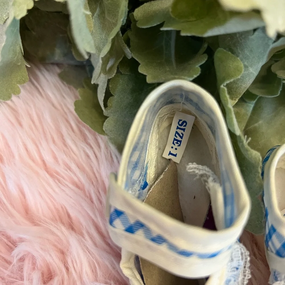 Vintage Baby Girl White Blue Gingham Lace Trim Mary Jane Crib Shoes Infant Sz 1